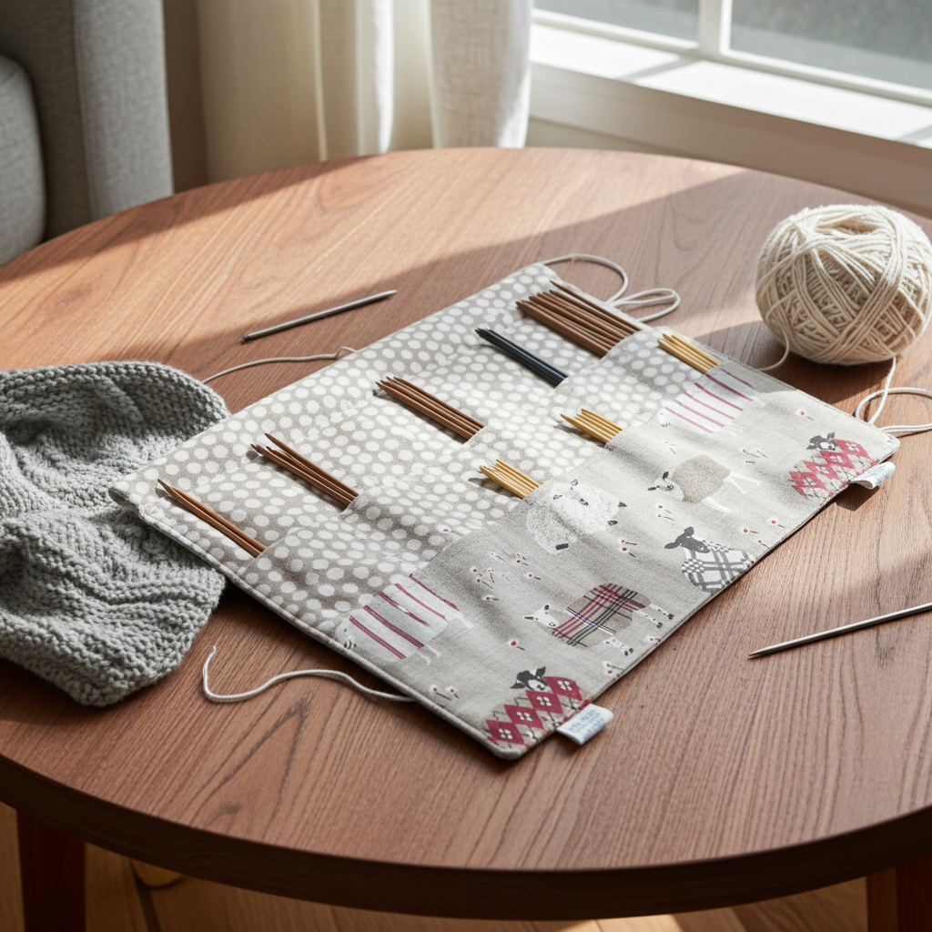 Double pointed knitting needle case with natural and red sheep