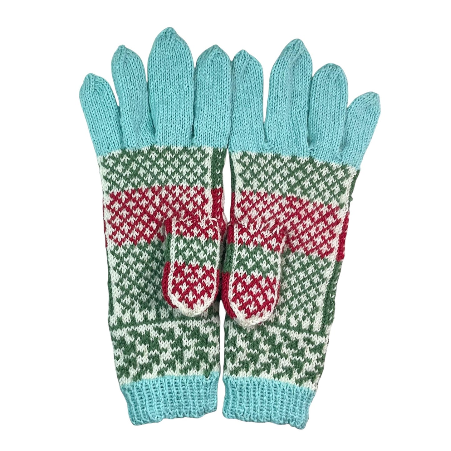 handknitted wool gloves with a red rose pattern