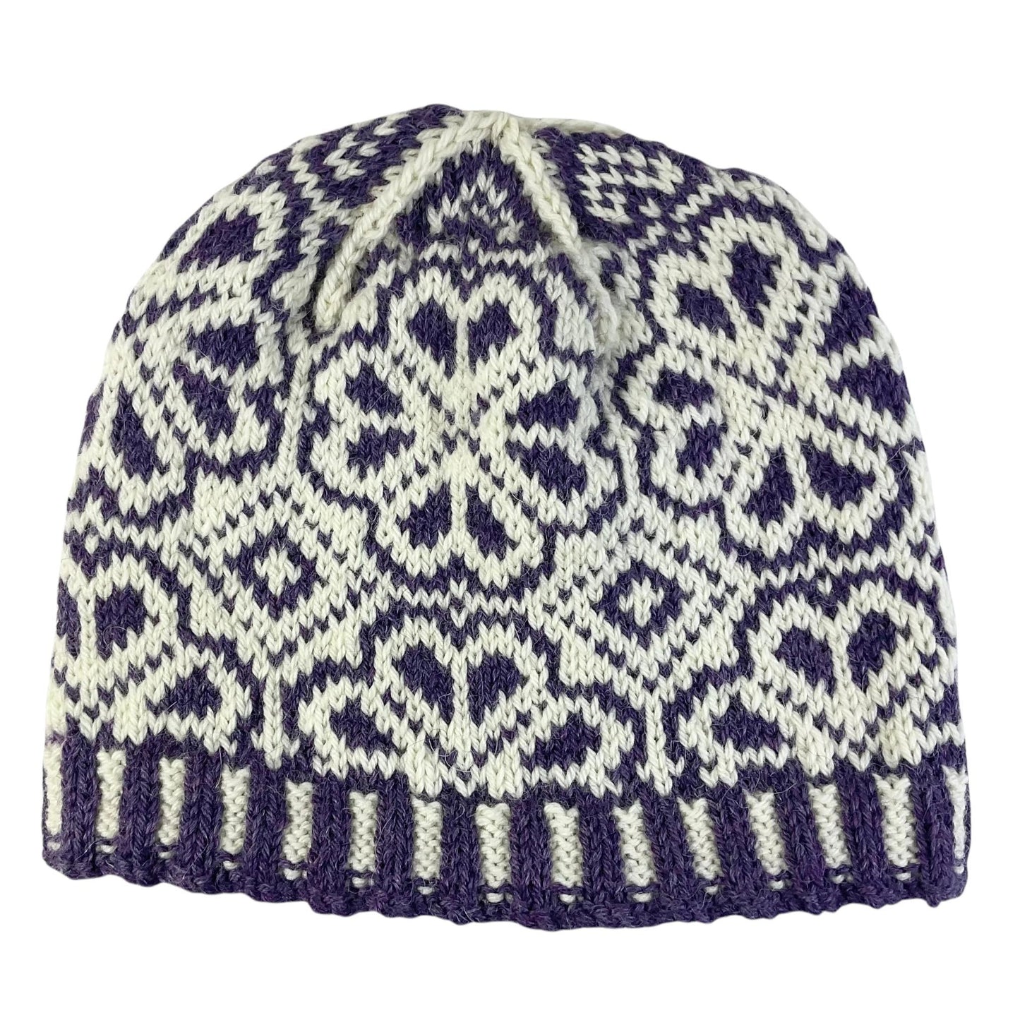 hand knit hat with white and purple floral motif