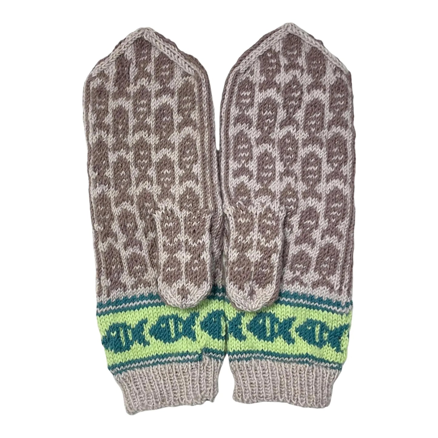 handknitted brown cat motif mittens