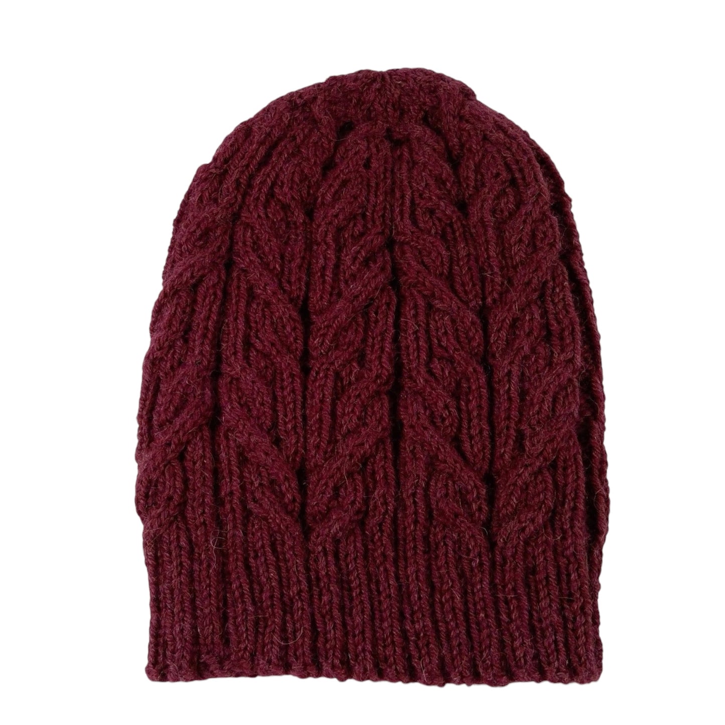 hand knitted cable hat in burgundy red