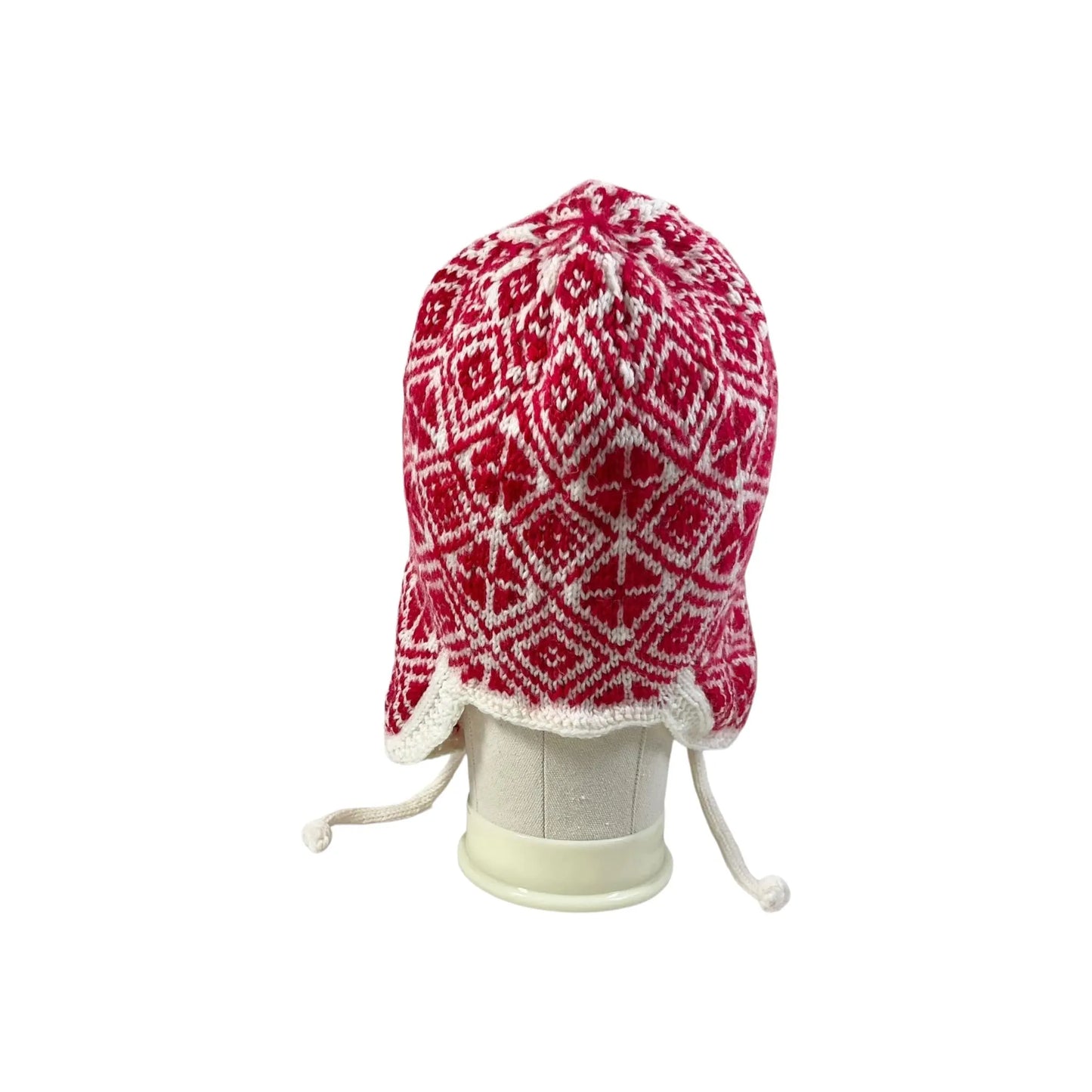 Ear flap hat with stranded red and white pattern