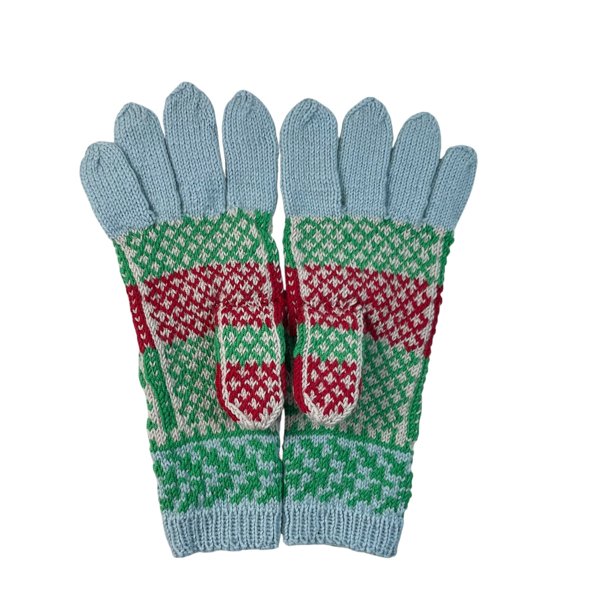 handknitted wool gloves with a red rose pattern