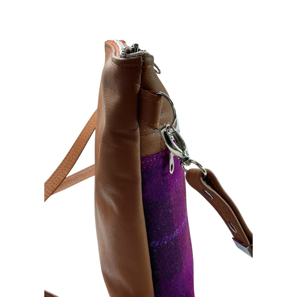 Handbag in genuine leather and purple tartan check Harris tweed