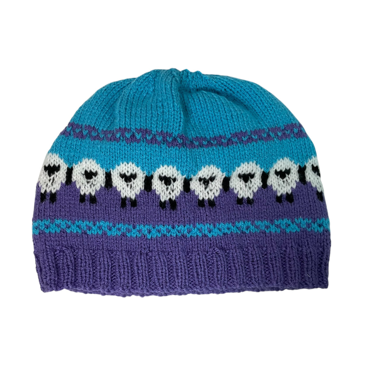 hand knit hat with lilac and turquoise sheep motif, vegan beanie