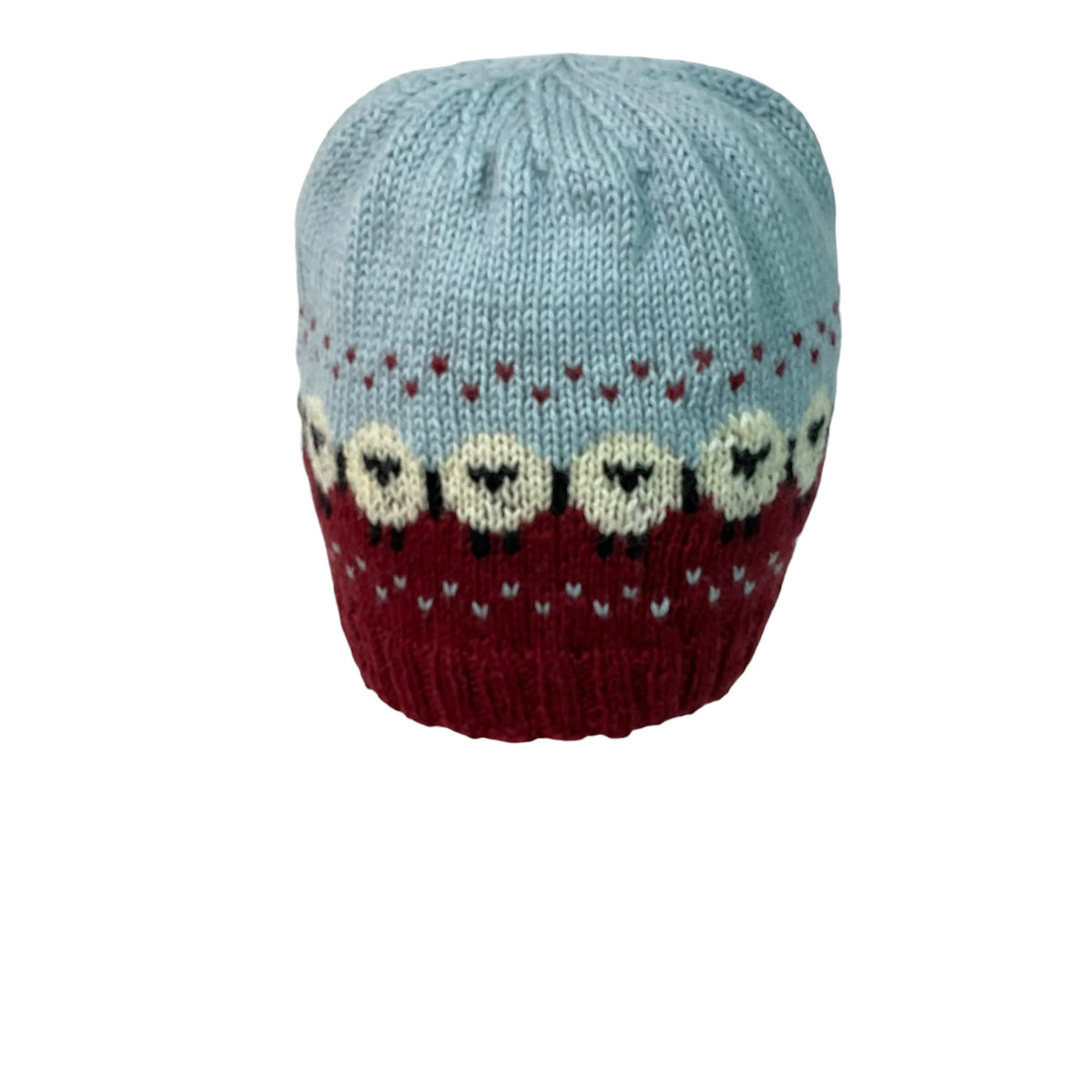 hand knit hat with sheep motif