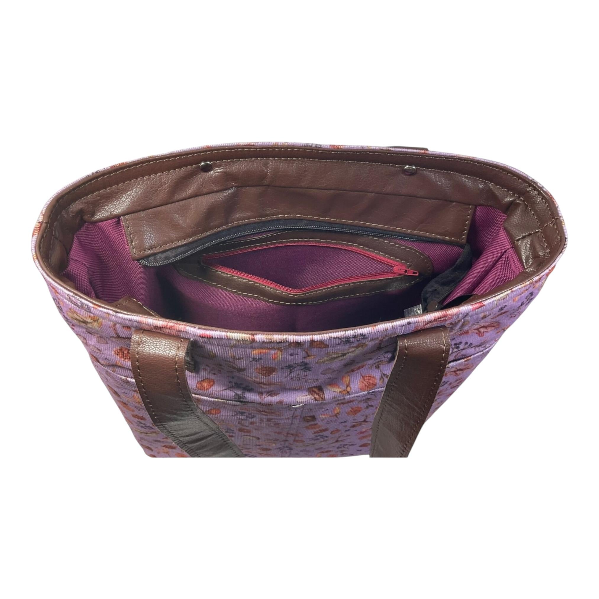 Woodland Floral Corduroy Tote Bag: Leather Accents, Structured Shoulder Bag