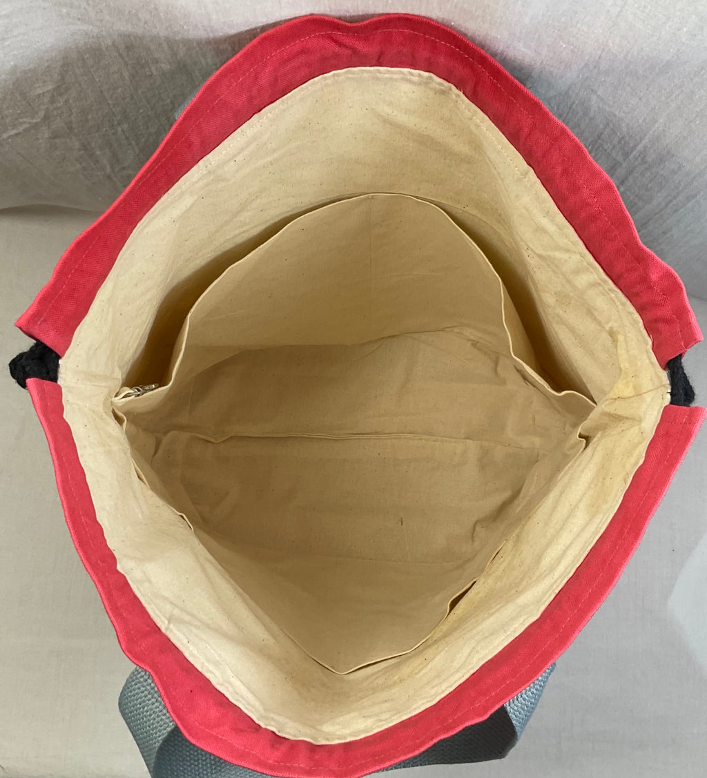 Extra Large drawstring knitting bag with Scandinavian sock print, multi pockets project bag with handles