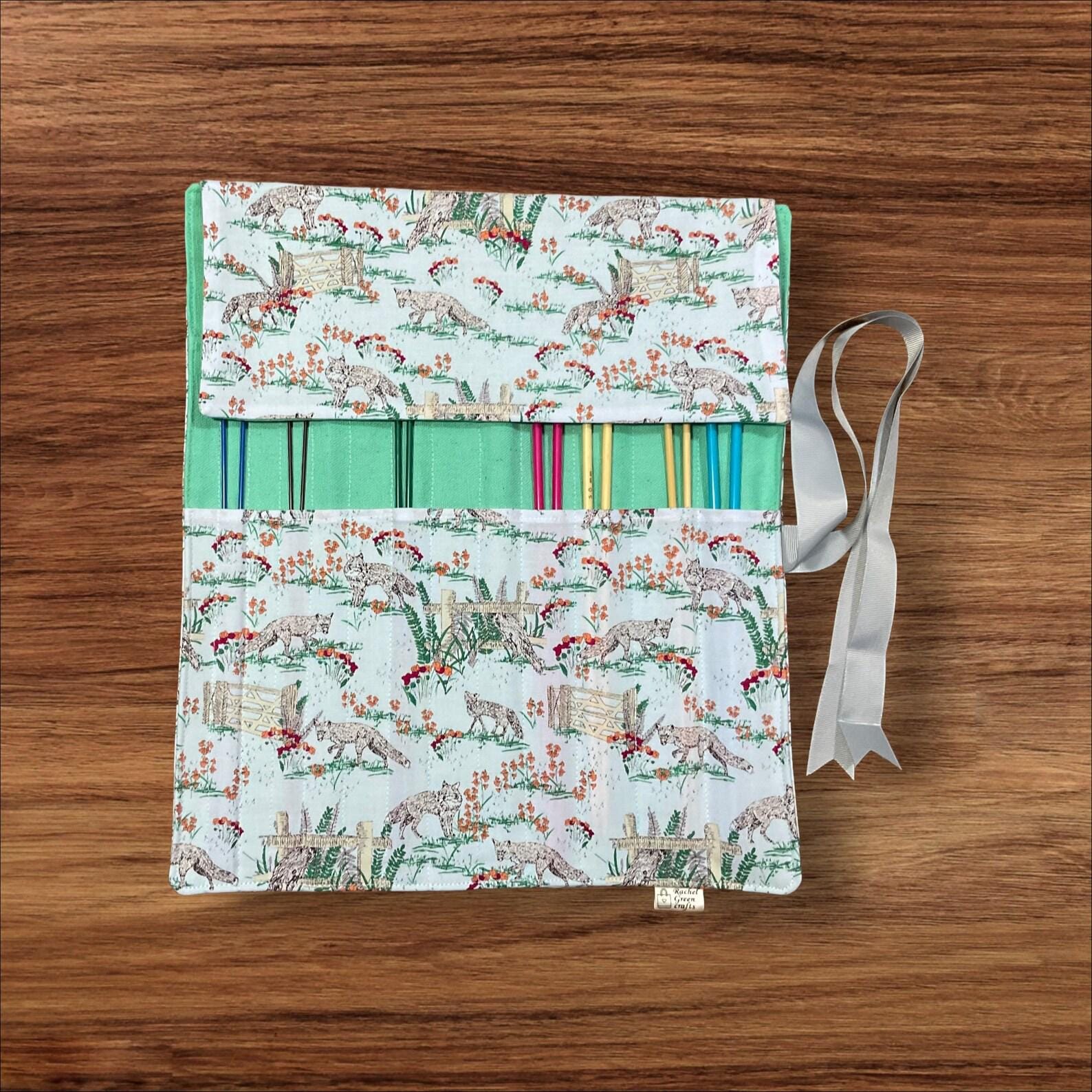 Straight knitting needle case with foxes, woodland creatures needle roll storage, knitting accessories, knitters gift,
