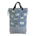 XXL  drawstring knitting bag with denim blue coloured sheep print, supersized multi pockets project bag with handles