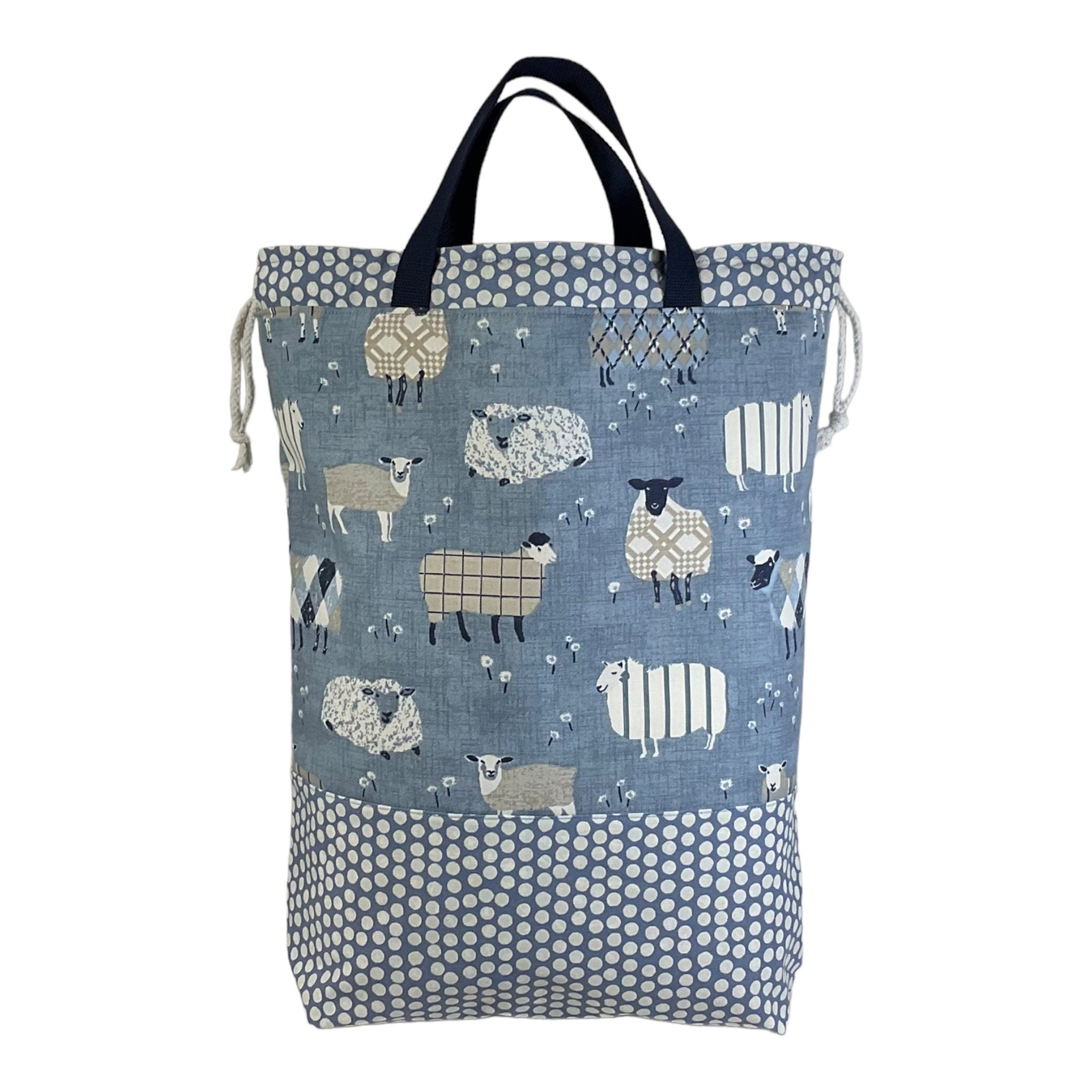 XXL  drawstring knitting bag with denim blue coloured sheep print, supersized multi pockets project bag with handles