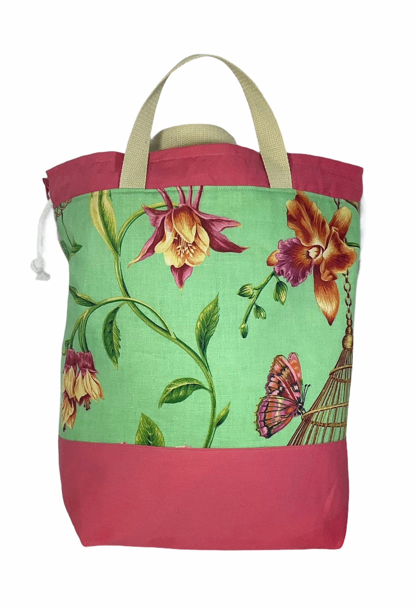Extra Large canvas drawstring knitting bag with hummingbirds and butterflies print, multi pockets project bag with handles