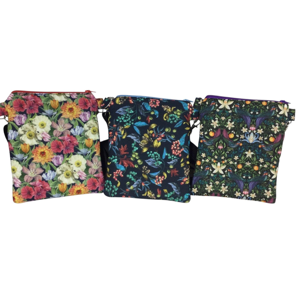 Liberty fabric slim phone shoulder bag with multi pockets, teen messenger style floral phone pouch, mini clutch bag, clubbing festival bag,
