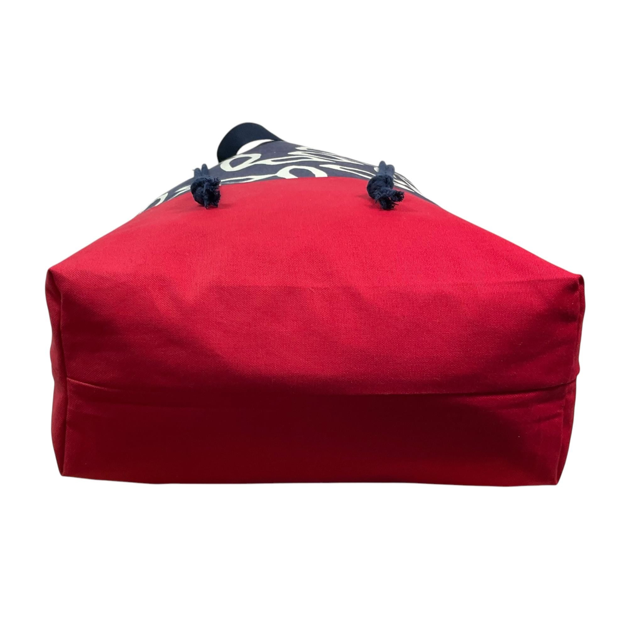 XXL  drawstring knitting bag with abstract print, supersized multi pockets project bag with handles, denim blue and red knitters gift