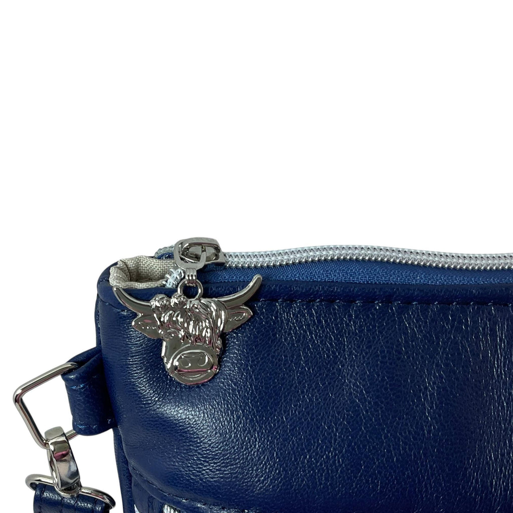 Royal Blue Lambs Leather Handbag: Highland Cow Floral Canvas Crossbody