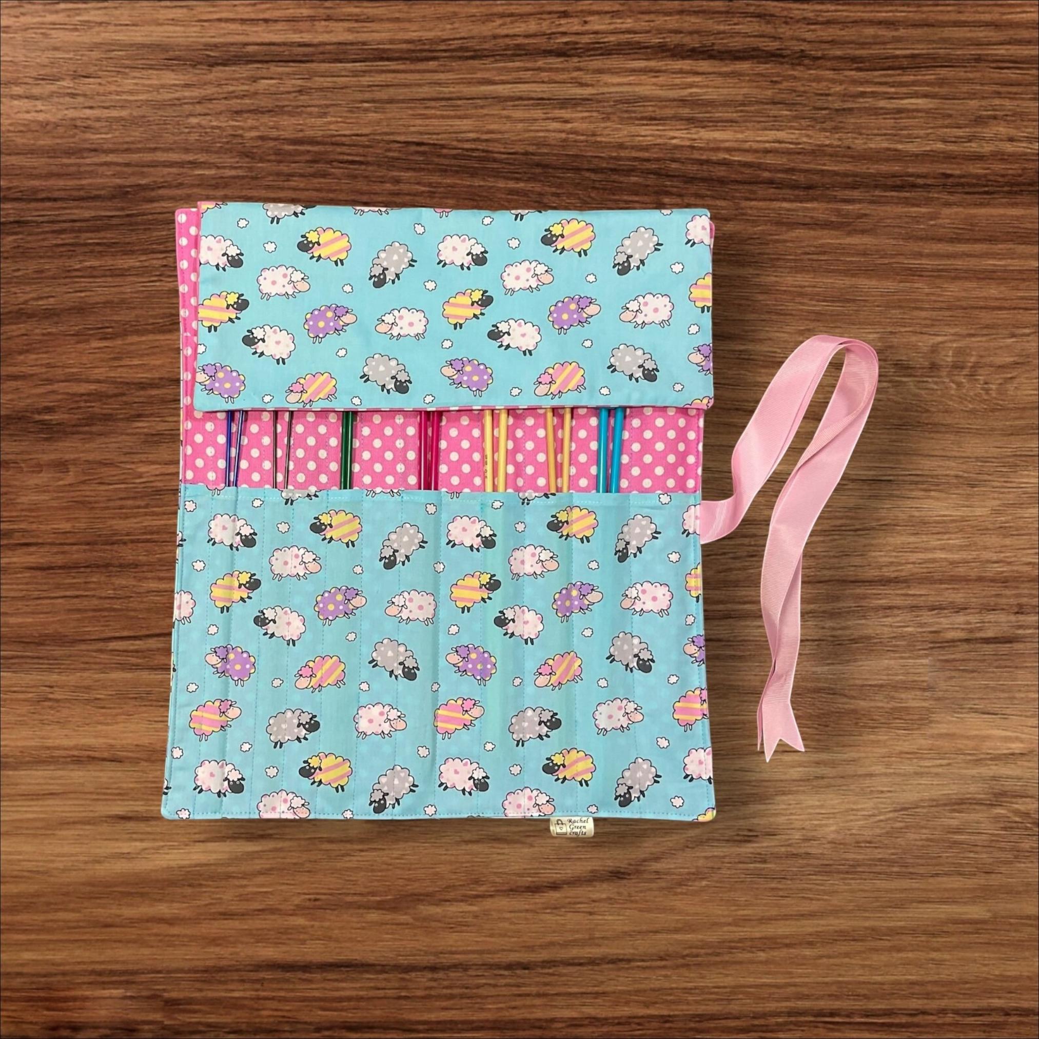 Straight knitting needle case with sheep, colourful needle roll, needle storage, knitters gifts and accessories accessories,