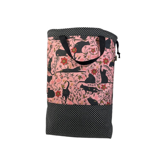 XXL  drawstring knitting bag with black cats and flowers print