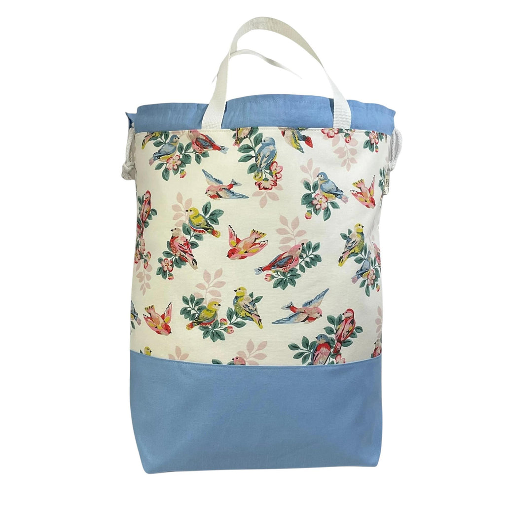 XXL  drawstring knitting bag with birds and  floral print, supersized multi pockets project bag with handles, ladies  gift