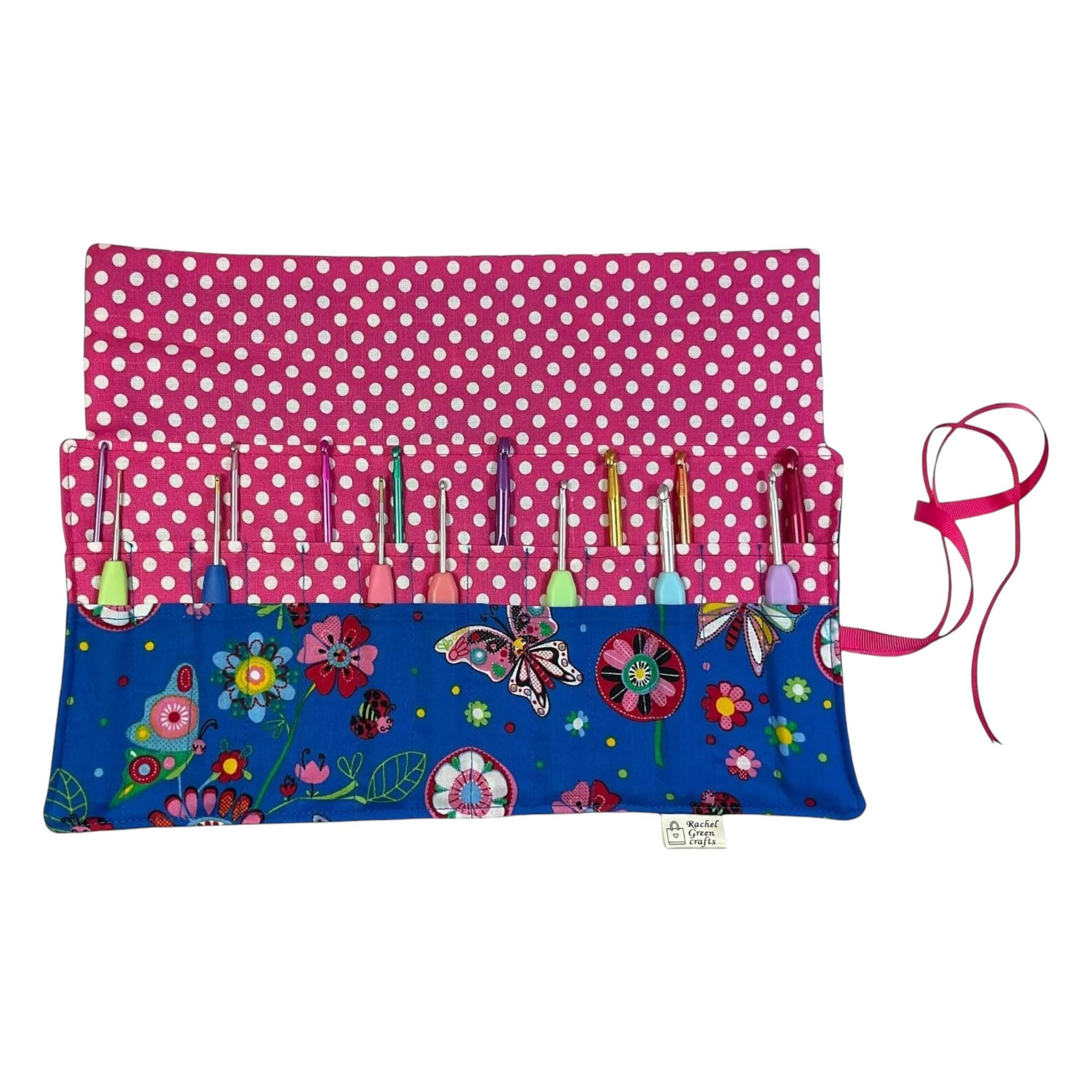 Crochet hook case with butterflies, Ergonomic organiser, roll up case, ladybird lover gift, knitters gift, Crochet gift, crochet storage
