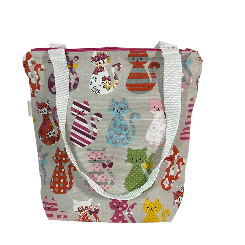 Small cats canvas tote bag with zip closure, cotton book purse, bag with pockets  for cat lover, gift for girls