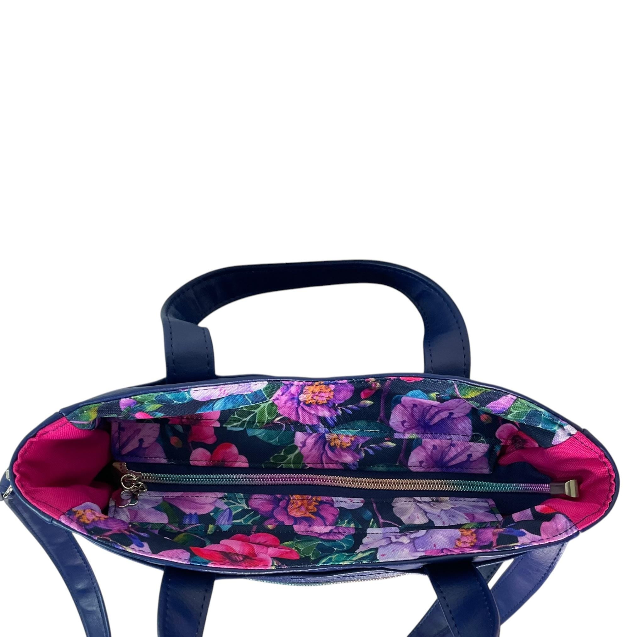 Handbag in faux leather and purple  floral print, vegan ladies gift, handles and crossbody strap bag, rectangular shoulder zip tote