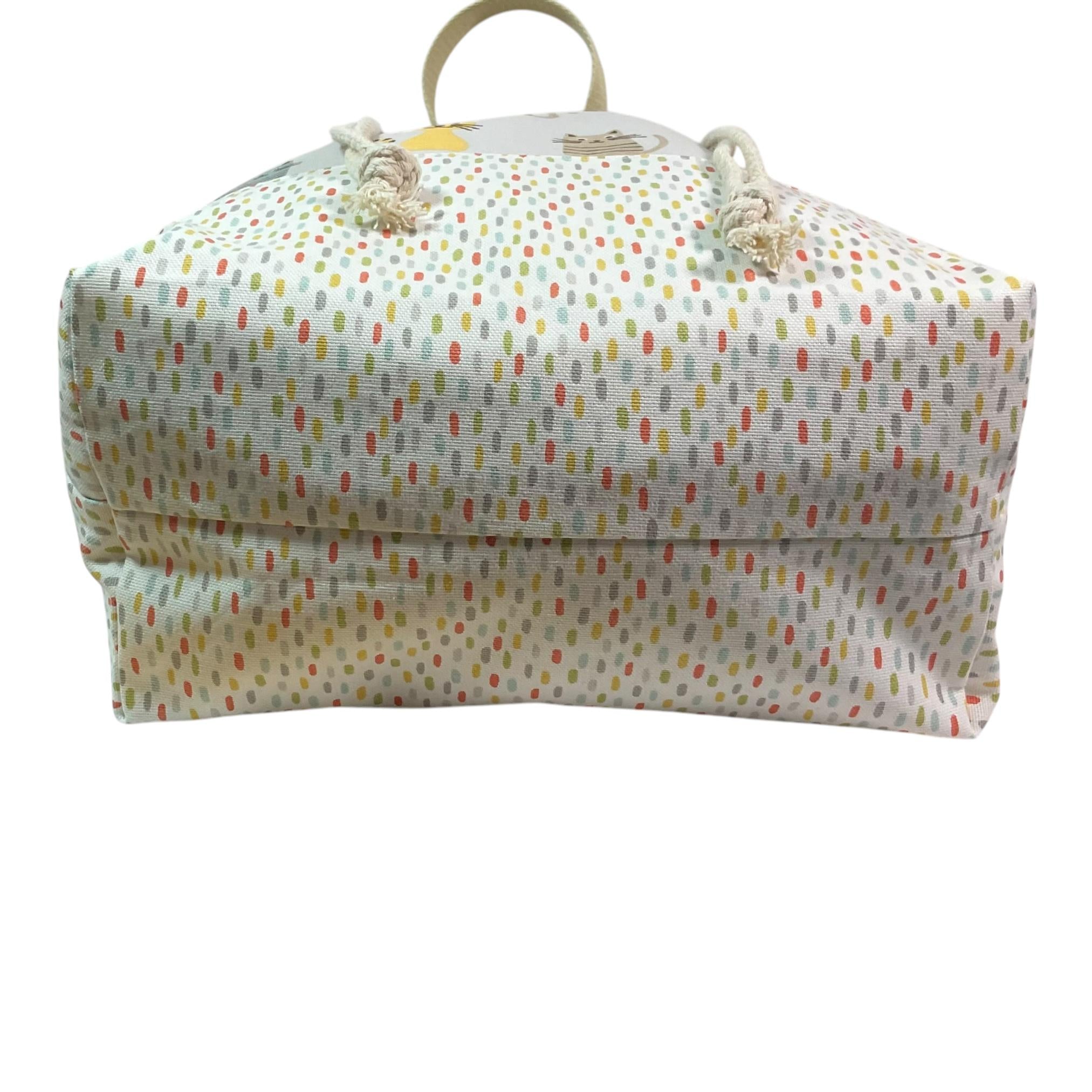 Extra Large drawstring knitting bag with cat print, multi pockets project bag with handles