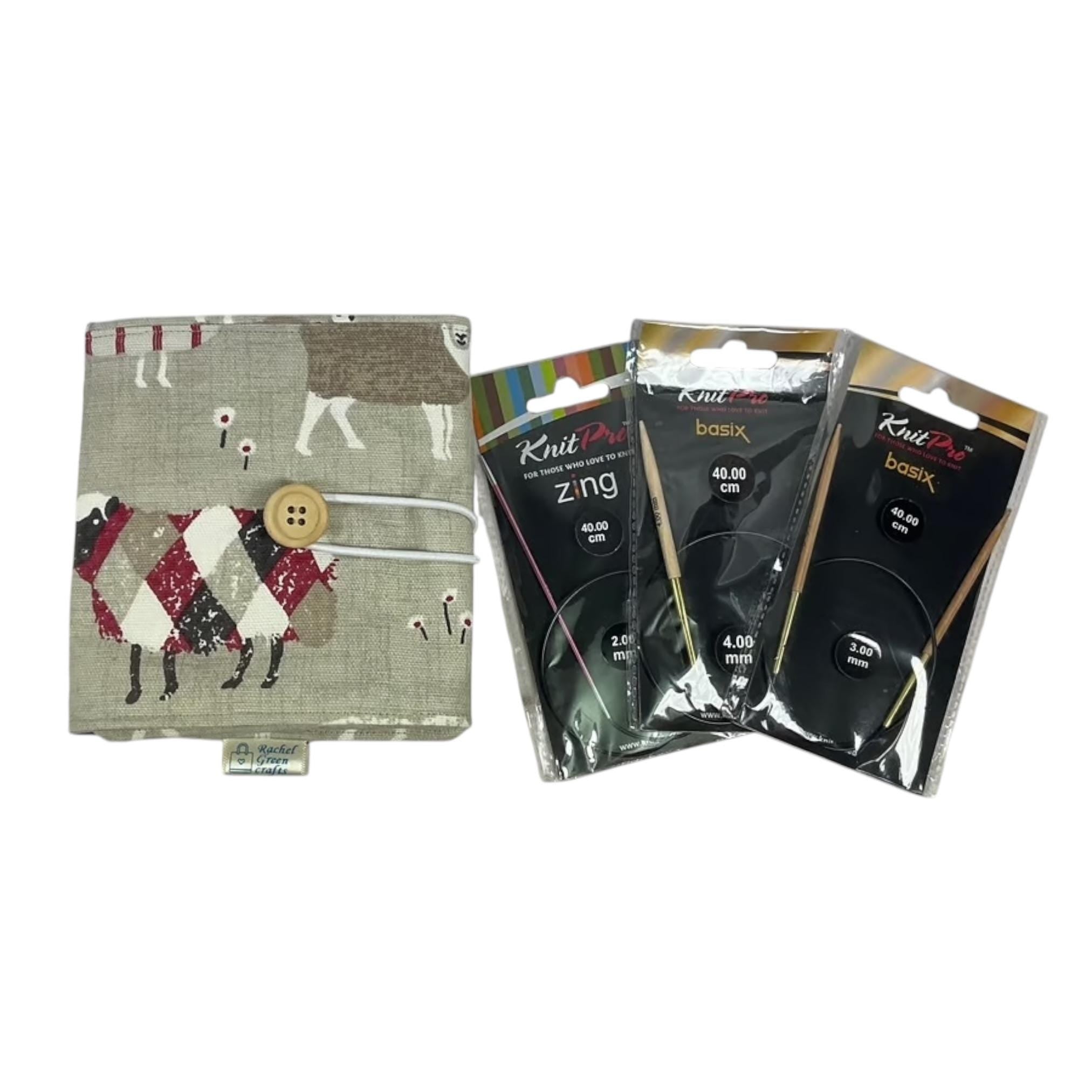 Short Circular knitting needle case with sheep, 40cm small diameter wallet, fixed 16", 9", 12" needle storage, knitters gift, needle holder,