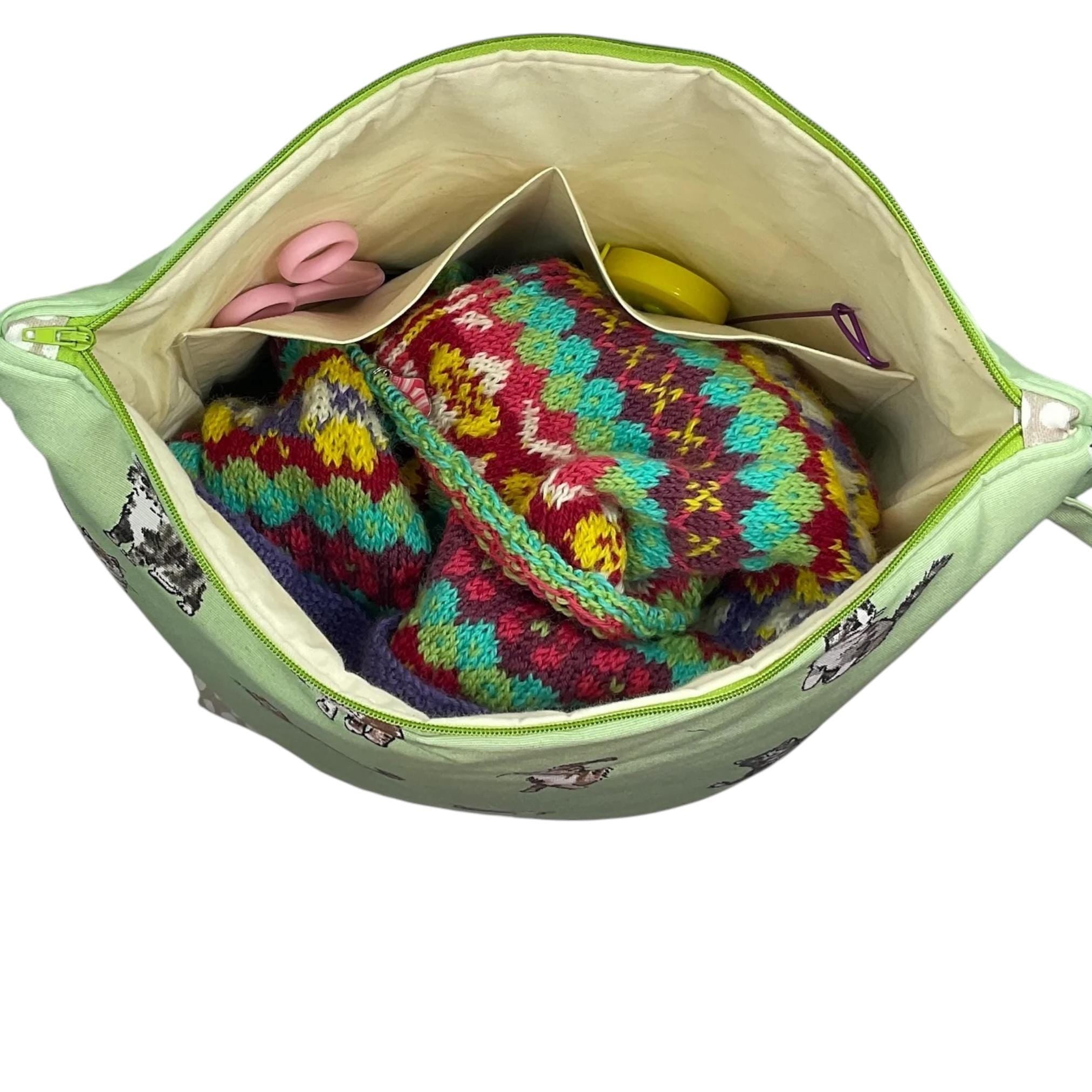 Extra Large knitting zipped pouch bag with llamas, supersized knitters alpaca zipped project and craft tote, alpaca lovers gift