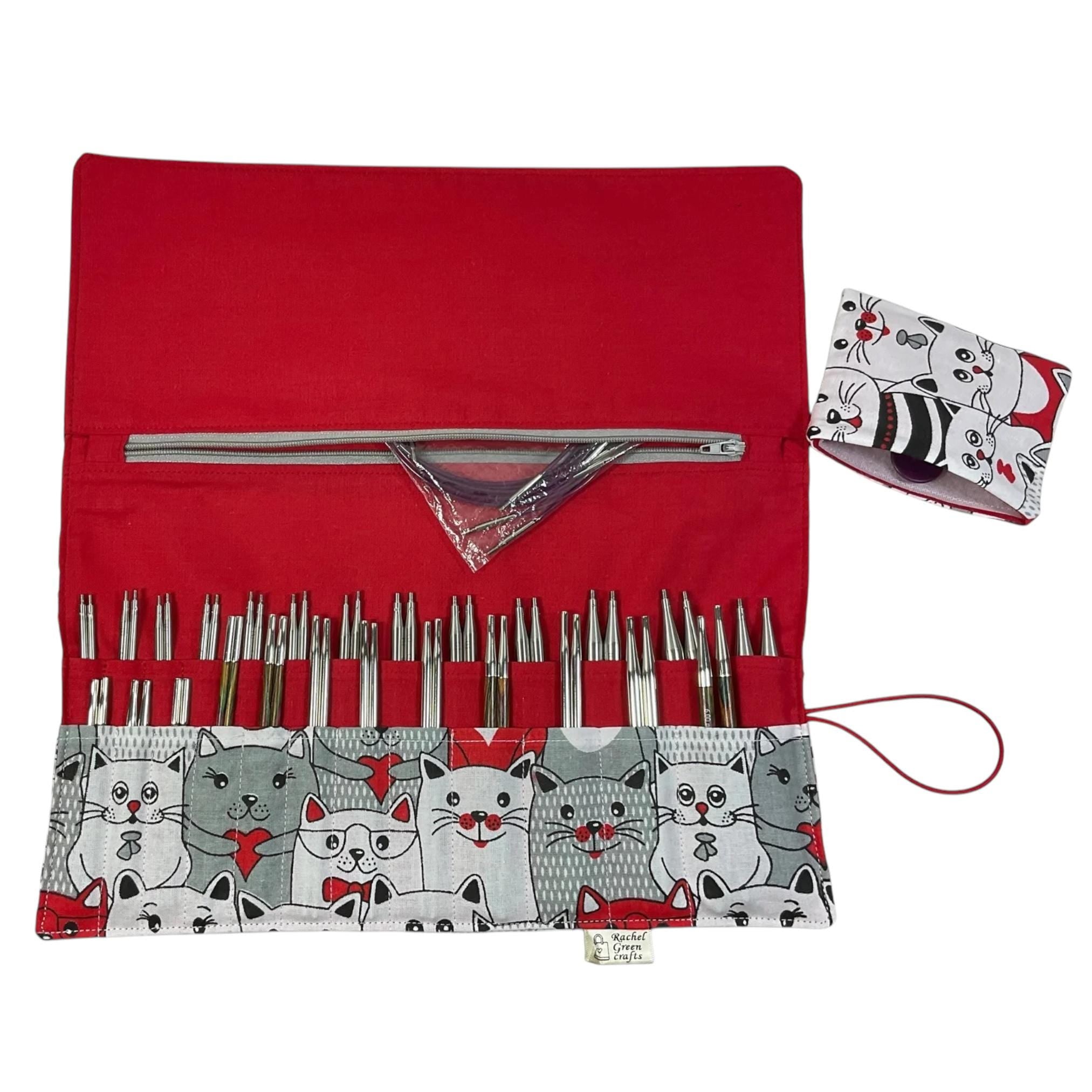 Interchangeable knitting needle case with cats, holds 2 sets, addi case, chiagoo wallet, knit pro organiser, hiya hiya pouch