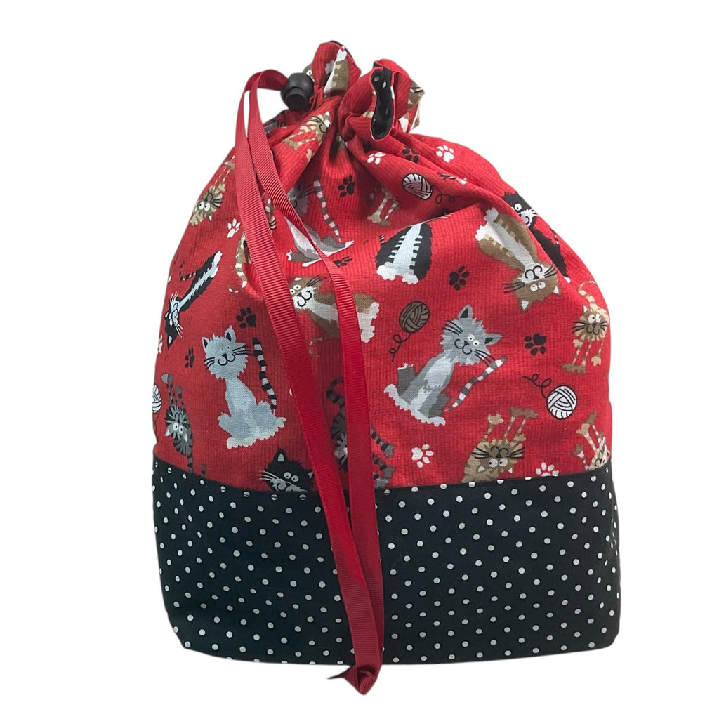 Knitting and crochet bag, Two at a time project bag with cat print, drawstring divided sock sack, yarn work in progress pouch, craft gift