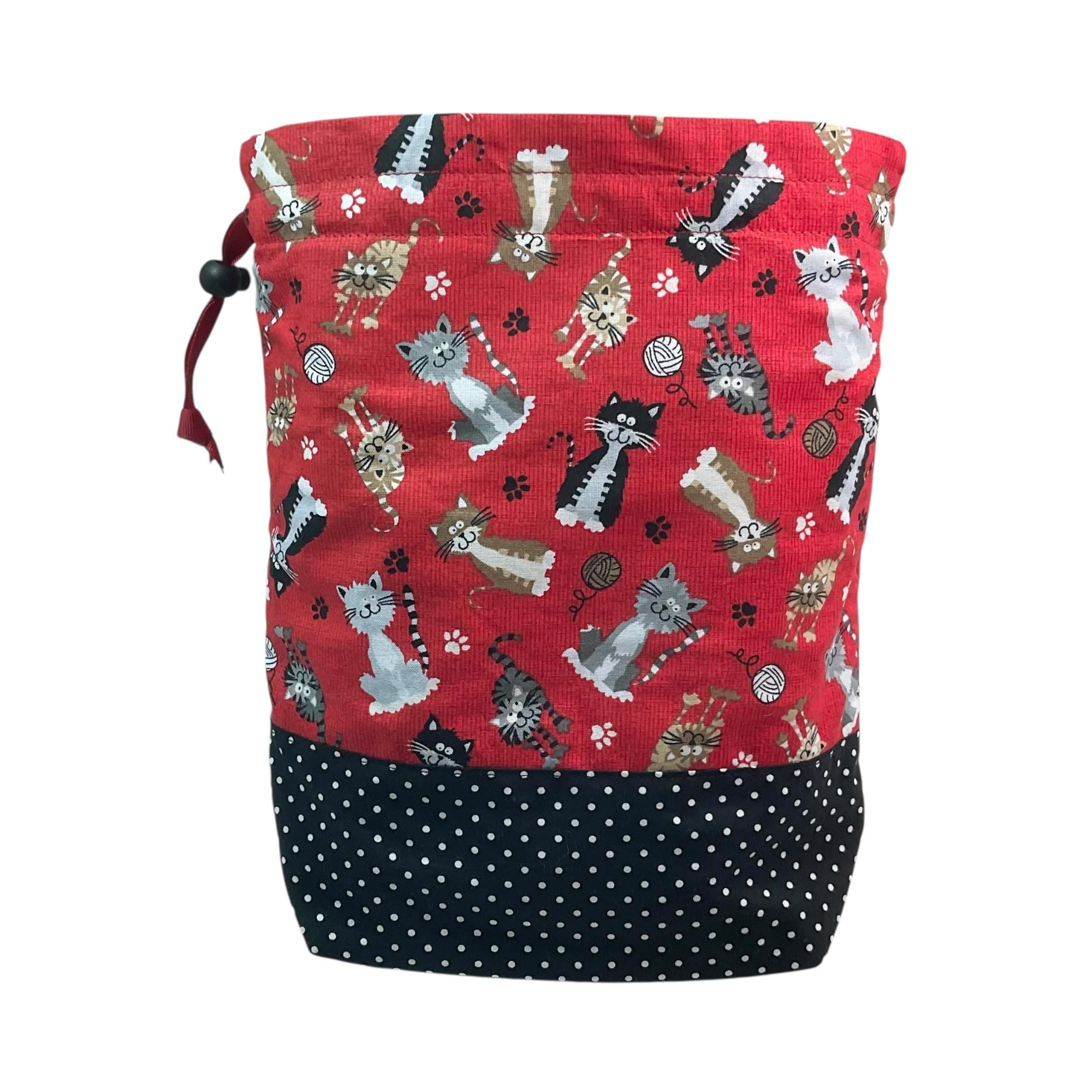 Knitting and crochet bag, Two at a time project bag with cat print, drawstring divided sock sack, yarn work in progress pouch, craft gift
