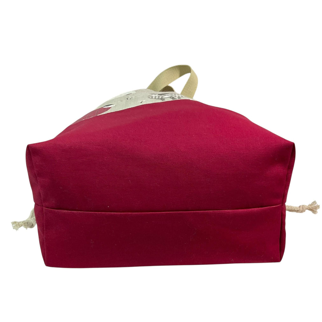 Extra Large drawstring knitting bag with red sheep print, multi pockets project bag with handles