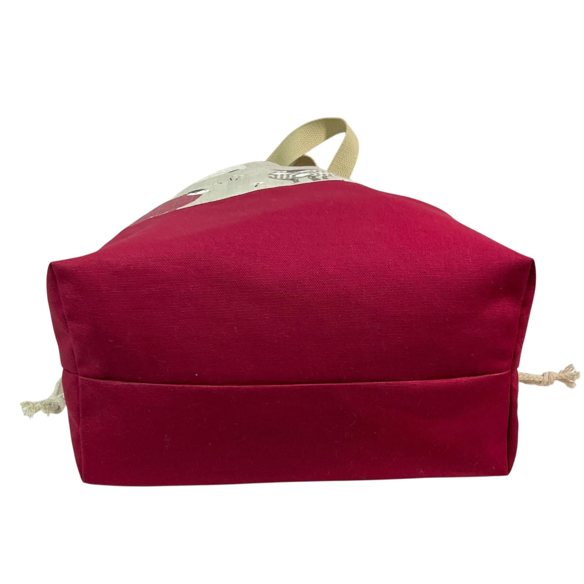 Extra Large drawstring knitting bag with red sheep print, multi pockets project bag with handles