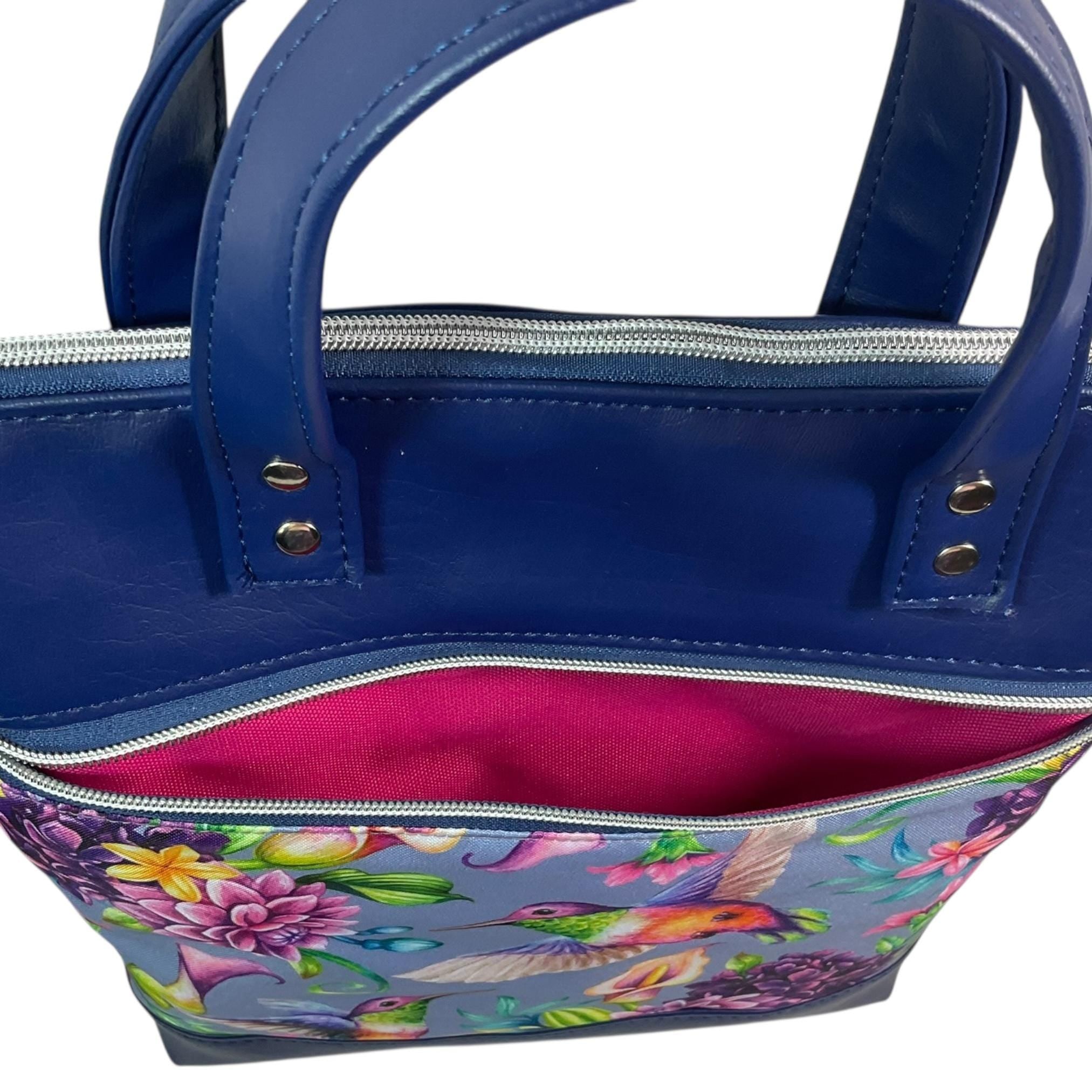 Handbag in faux Leather and floral hummingbird print  fabric, medium tote style zip top shoulder crossbody with carry handles