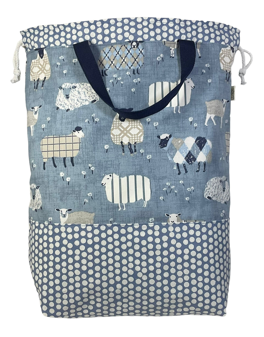 XXL  drawstring knitting bag with denim blue coloured sheep print, supersized multi pockets project bag with handles
