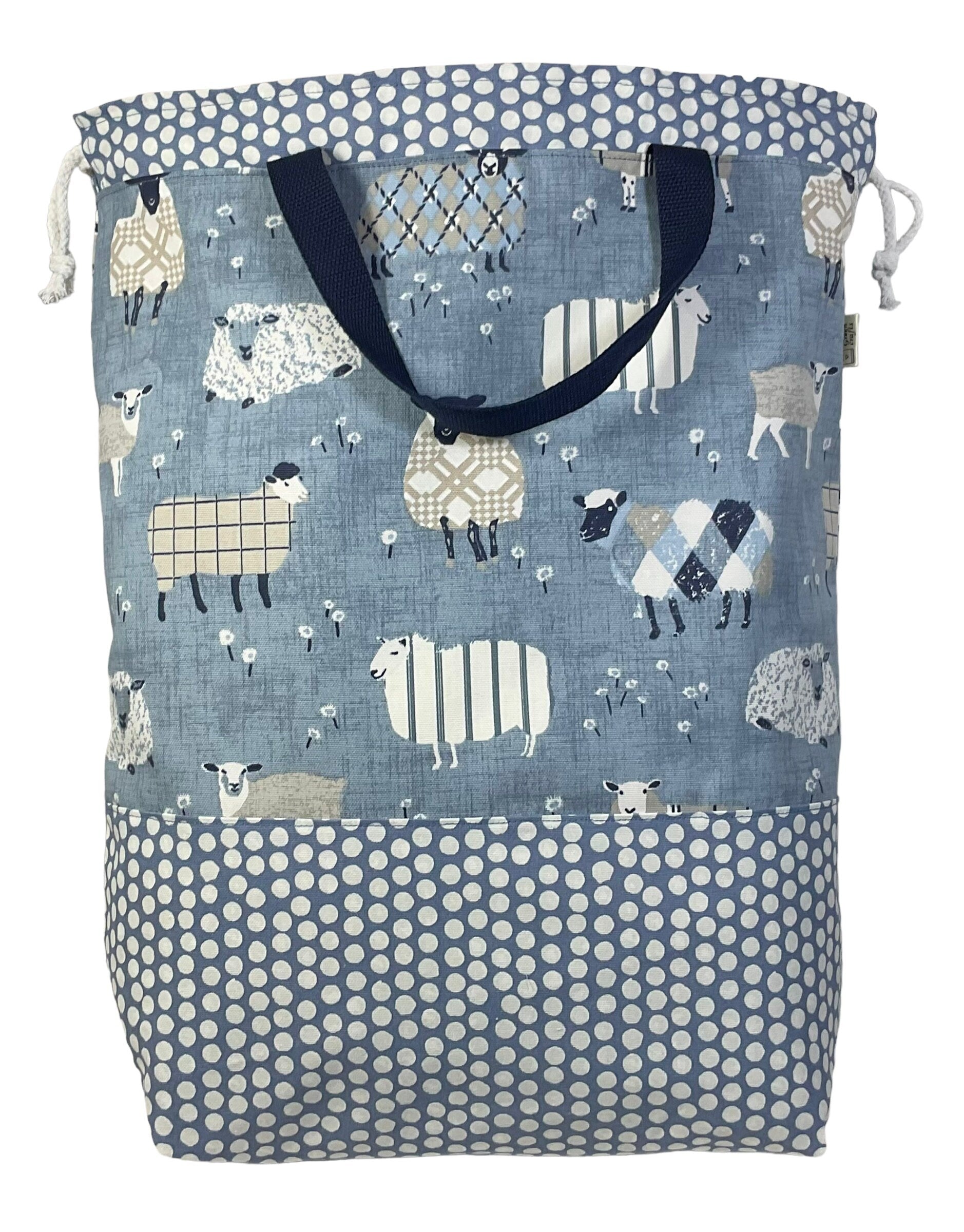 XXL  drawstring knitting bag with denim blue coloured sheep print, supersized multi pockets project bag with handles