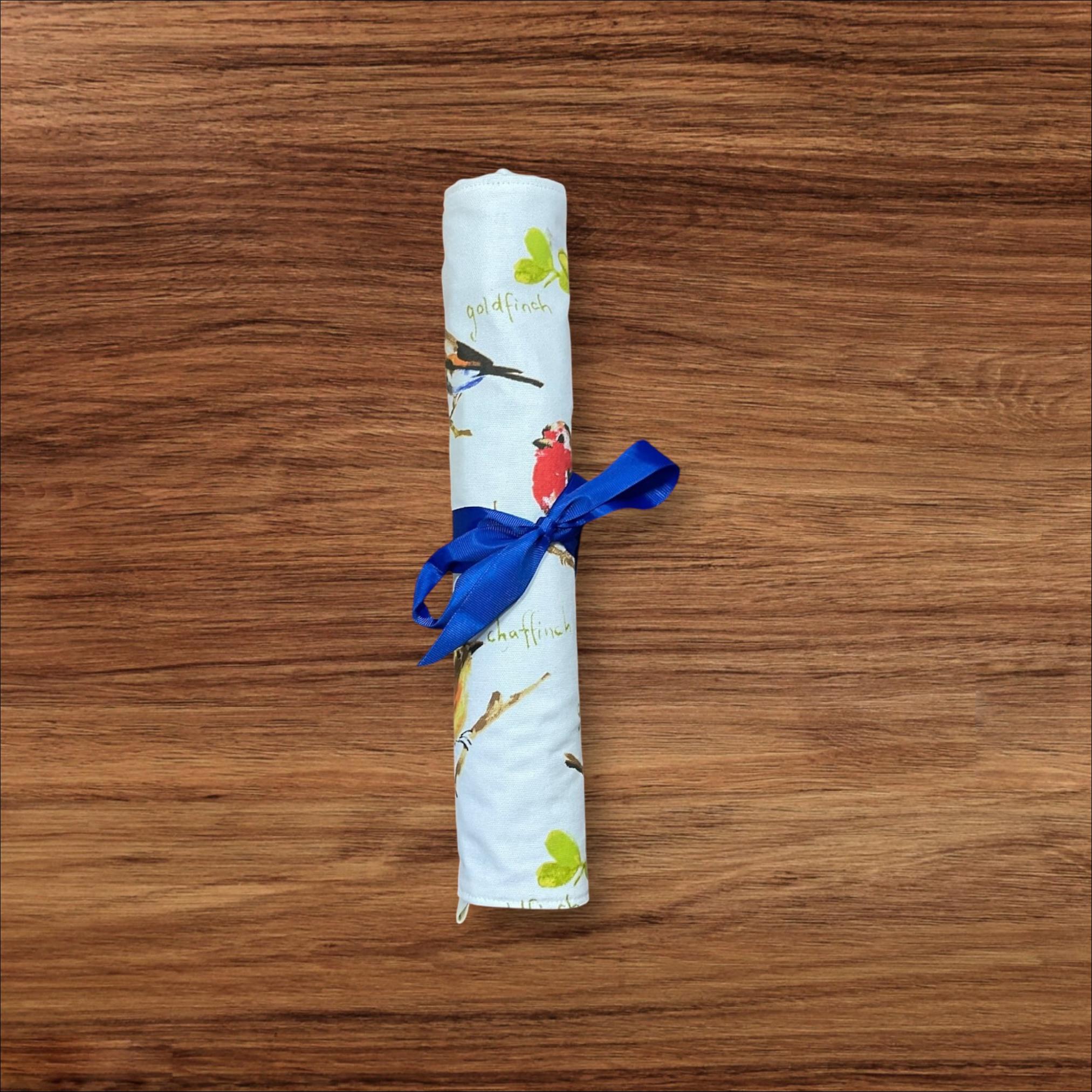 Straight knitting needle case with birds, ribbon tie needle roll storage,  knitters gift accessories, needle organiser