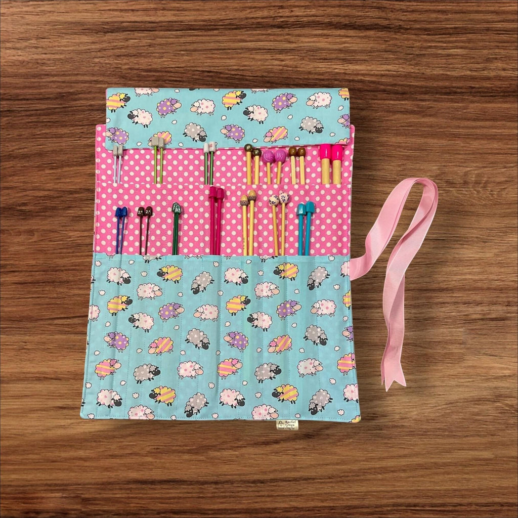 Straight knitting needle case with sheep, colourful needle roll, needle storage, knitters gifts and accessories accessories,
