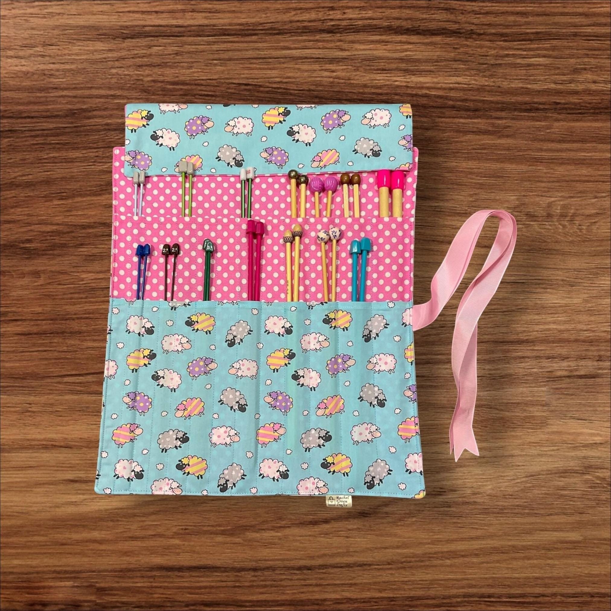 Straight knitting needle case with sheep, colourful needle roll, needle storage, knitters gifts and accessories accessories,