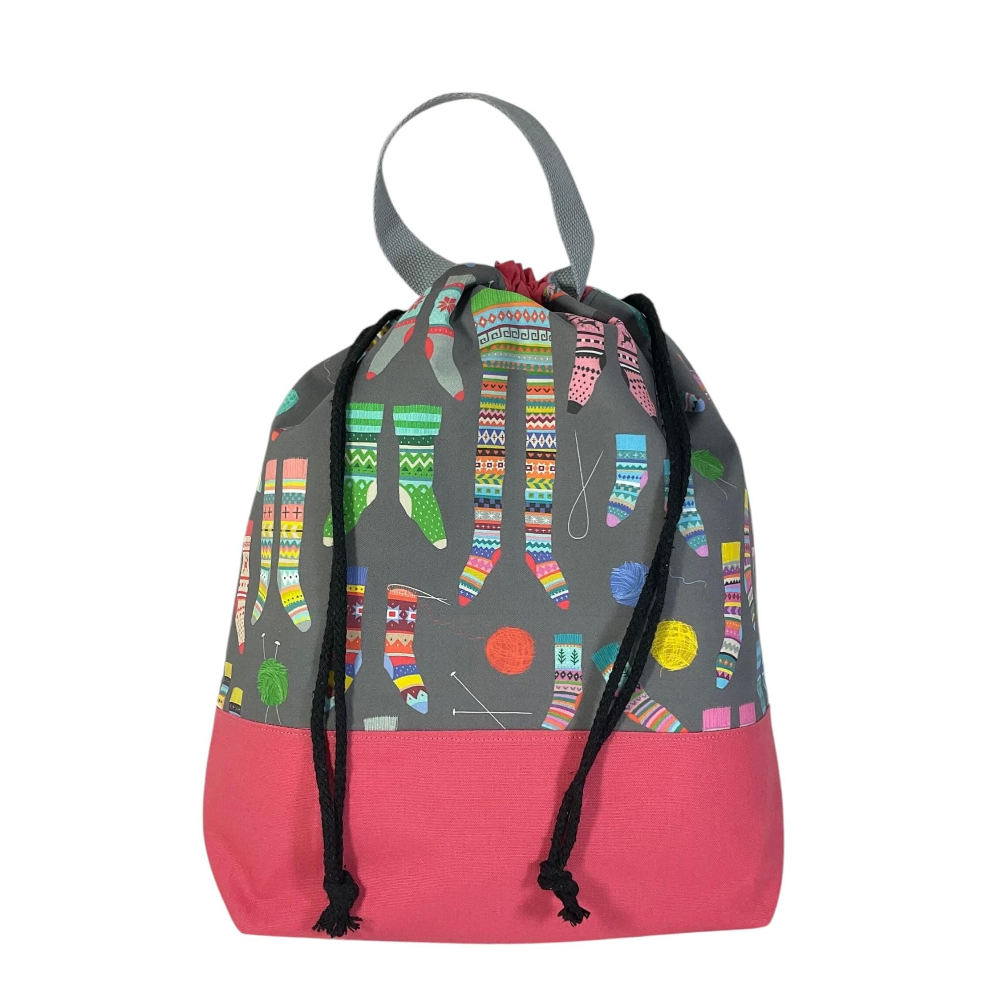 Extra Large drawstring knitting bag with Scandinavian sock print, multi pockets project bag with handles