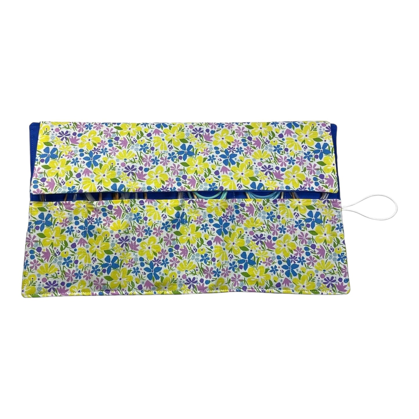 Circular knitting needle case made from Liberty floral fabric