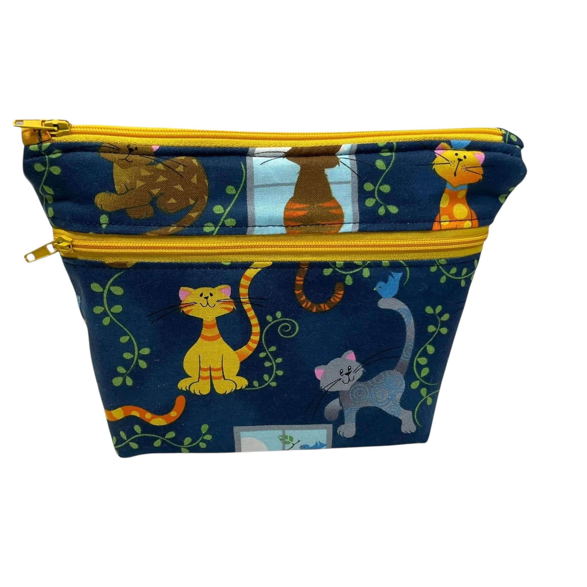 Cosmetics bag with cat print and 2 pockets,  makeup pouch, water resistant case, notions zipper pouch, cat lover gift