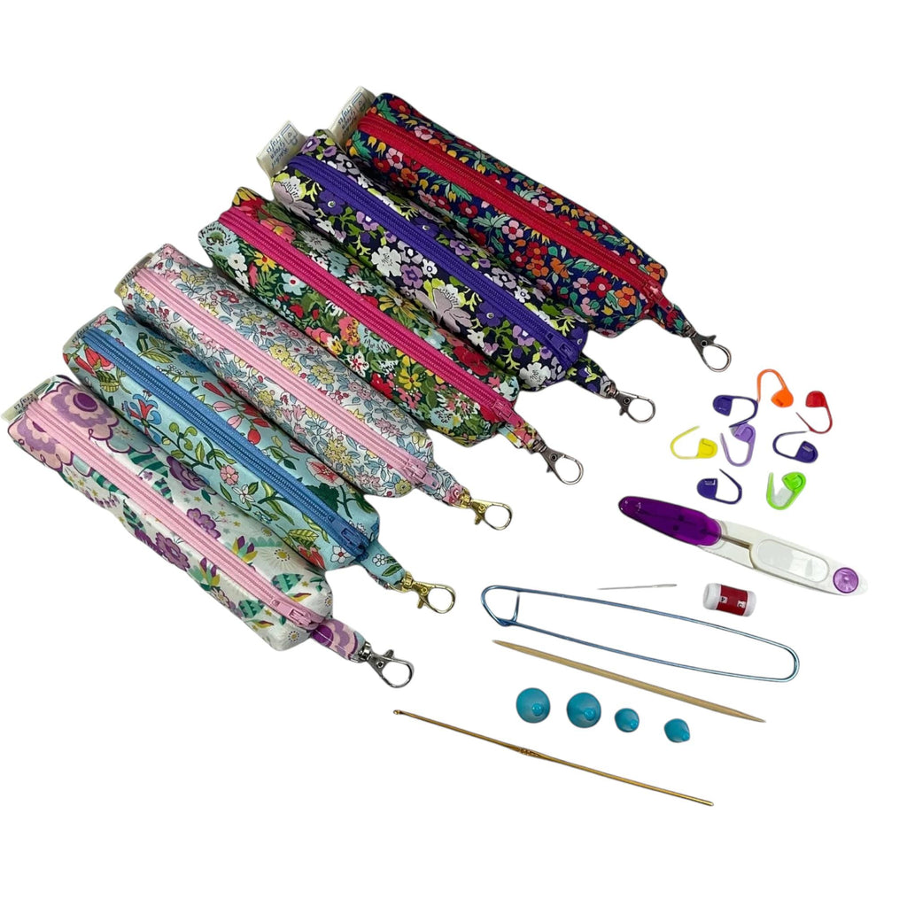Knitting kit and crochet travel set in Liberty fabric, clip on bag travel kit, floral accessories pouch, travel scissors, crafting kit