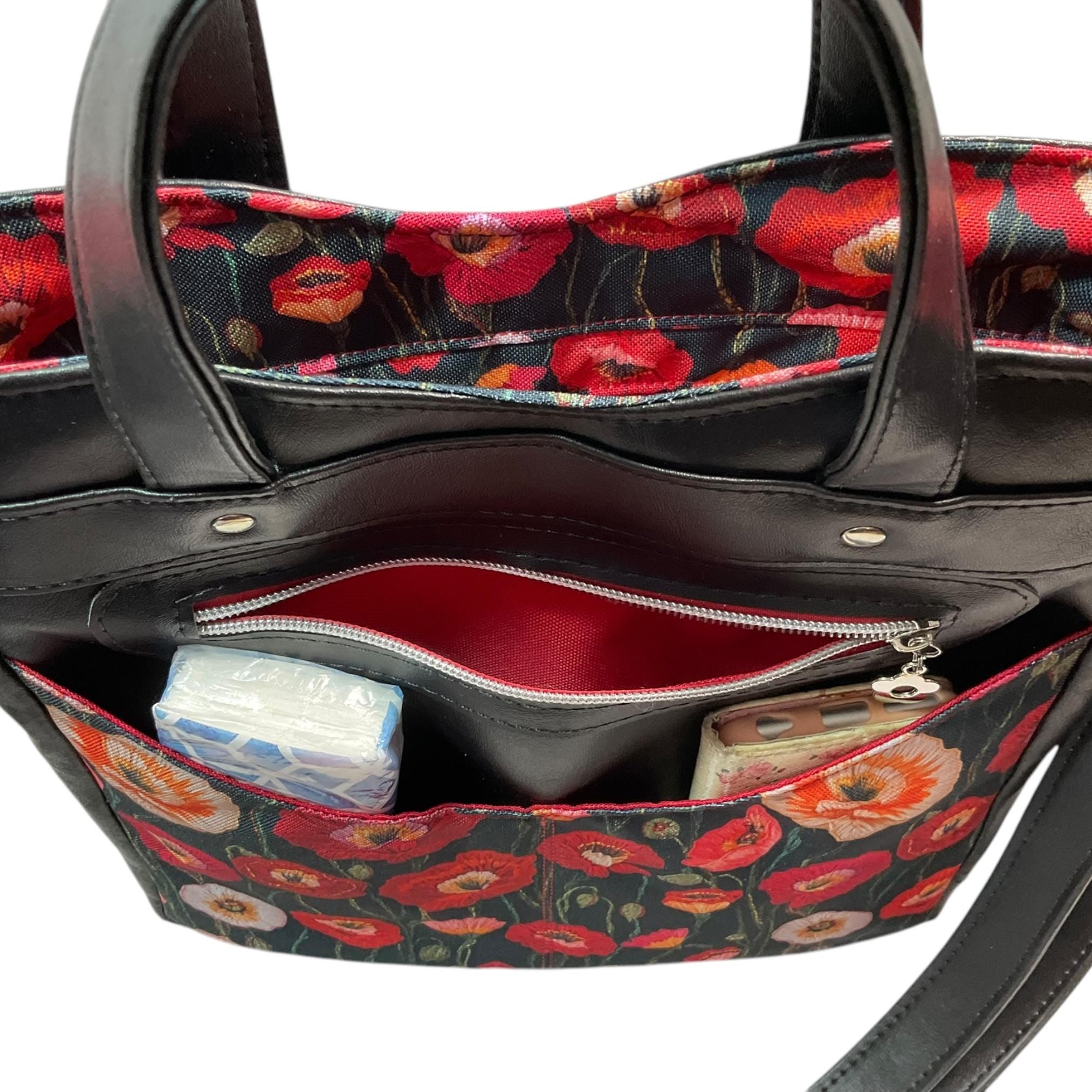 Handbag in faux leather and poppies floral print, vegan ladies gift, handles and crossbody strap bag, rectangular shoulder zip tote