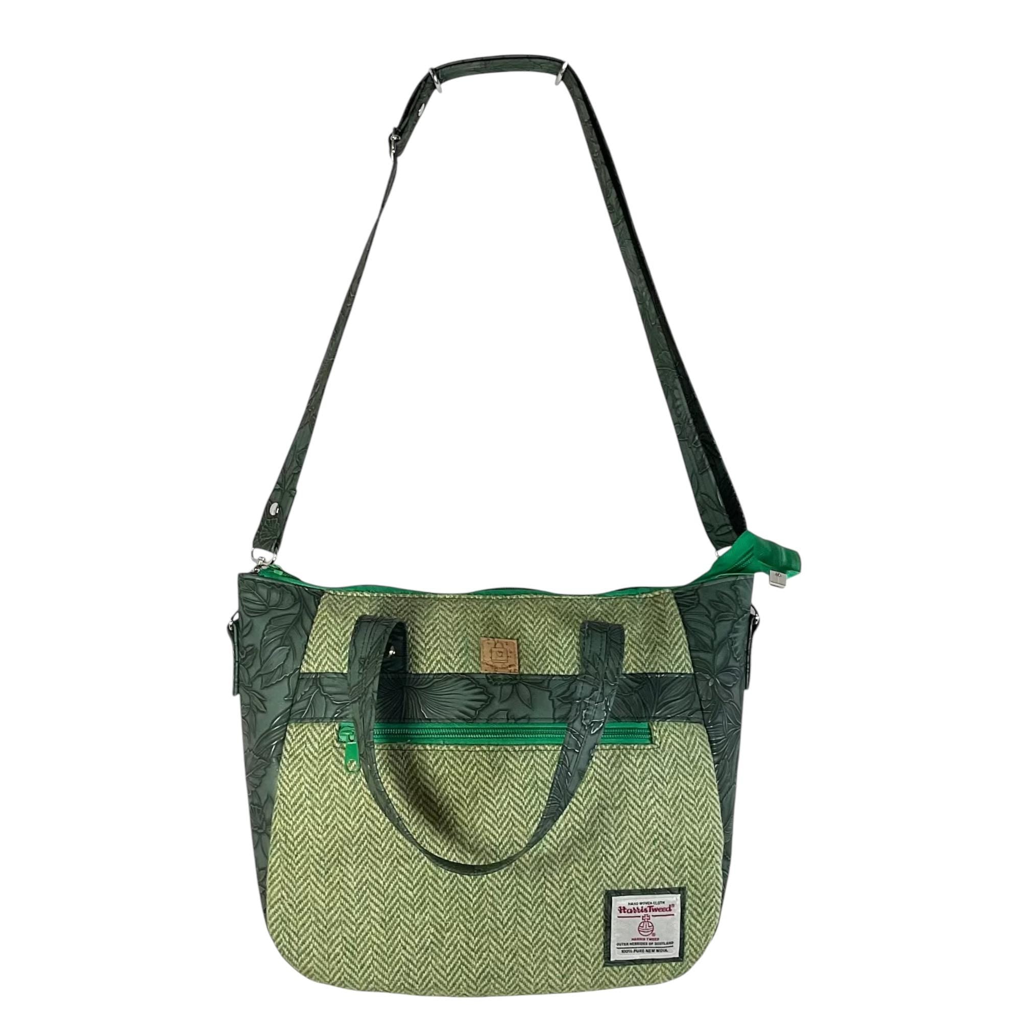 Harris tweed Crossbody Handbag,green floral faux leather tote, floral shoulder bag, zip pocket large adjustable strap organiser bag