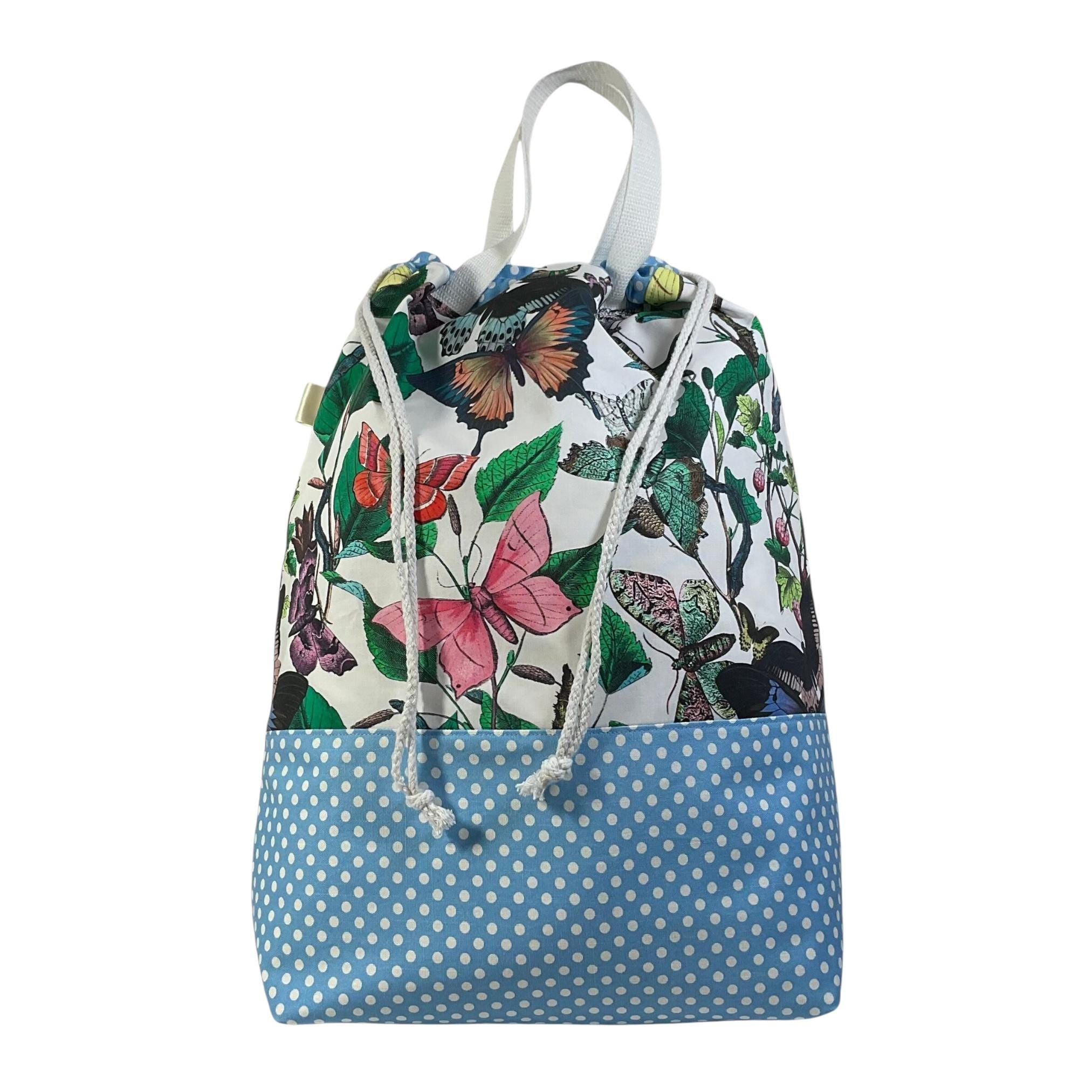 XXL  drawstring knitting bag with butterfly and moth print, supersized multi pockets project bag with handles , butterfly  lover gift