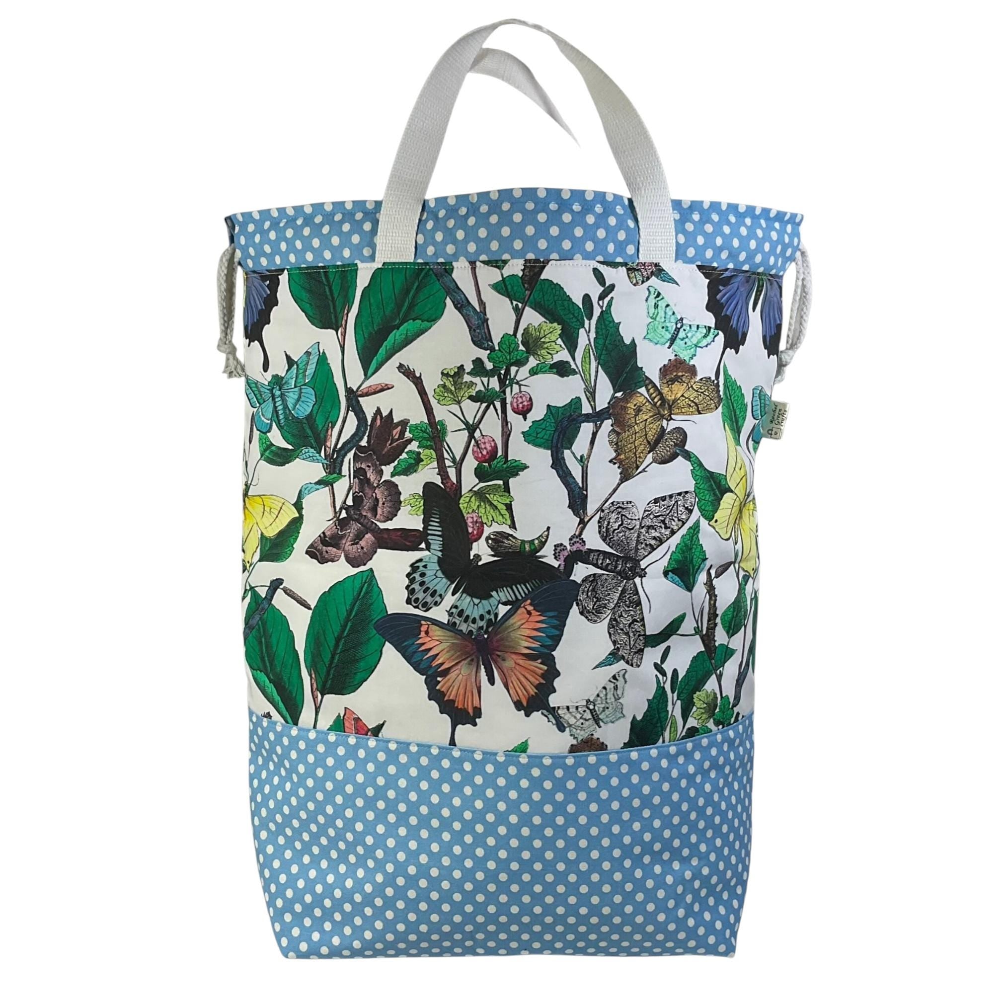 XXL  drawstring knitting bag with butterfly and moth print, supersized multi pockets project bag with handles , butterfly  lover gift