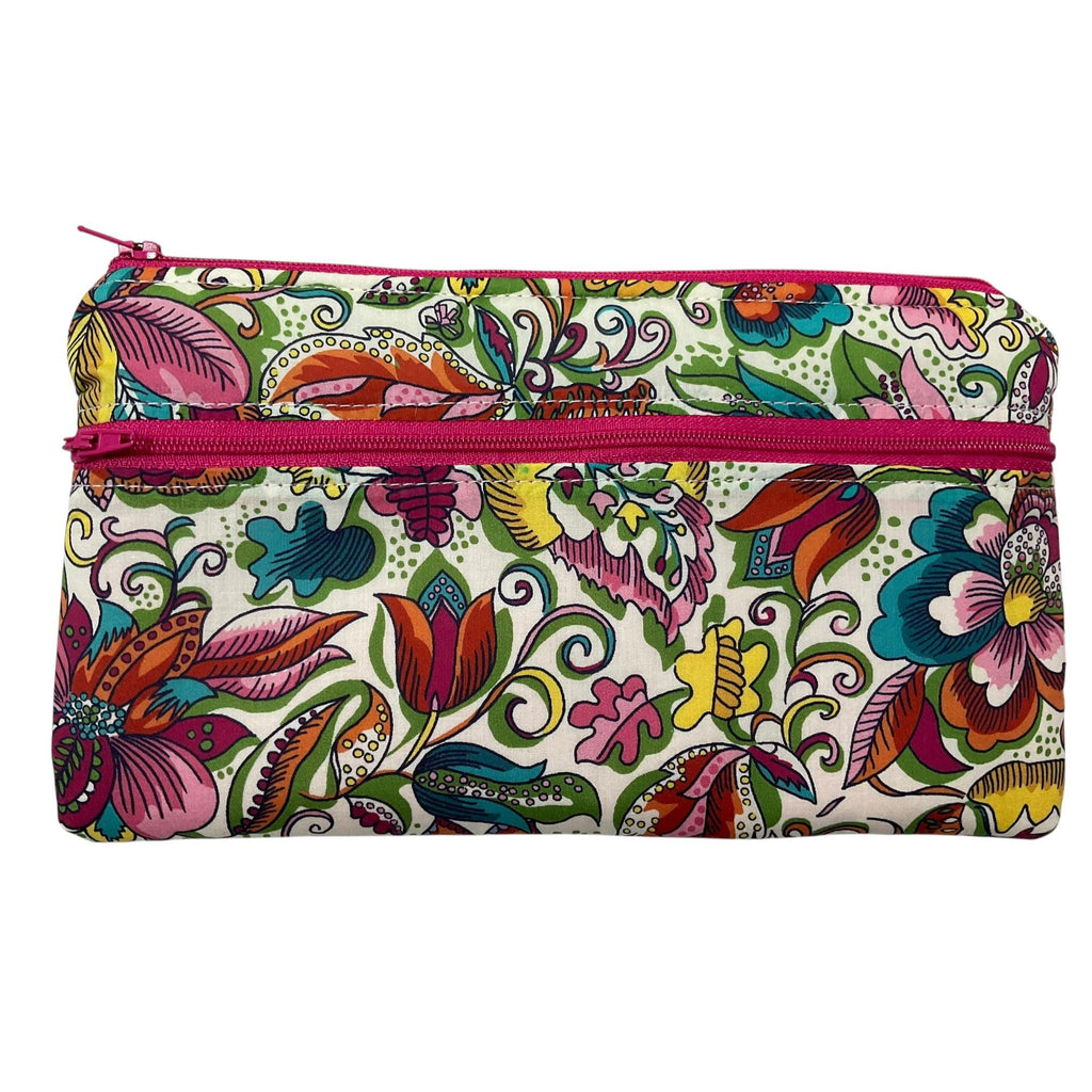 Liberty fabric two pocket pouch, double pocket cosmetics case, 2 section pencil storage, floral water resistant ladies gift, privacy