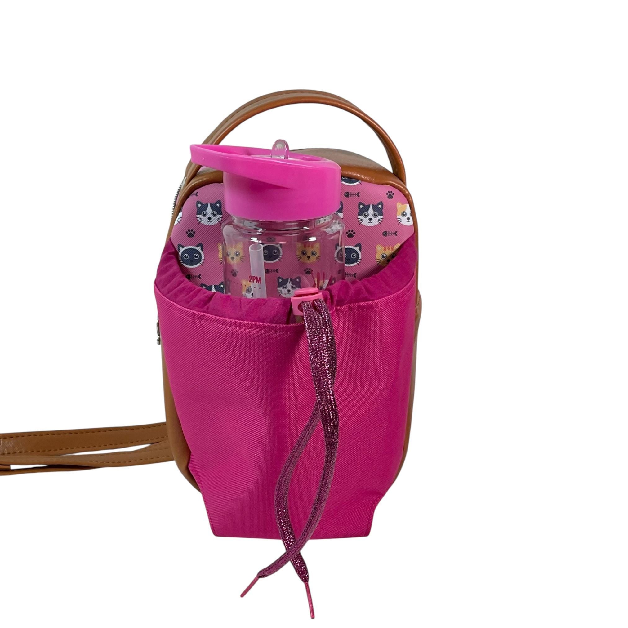 Water bottle sling bag, walking tour and travel day trip, cat lover bag with carry handle, water resistant vinyl/ faux leather bag