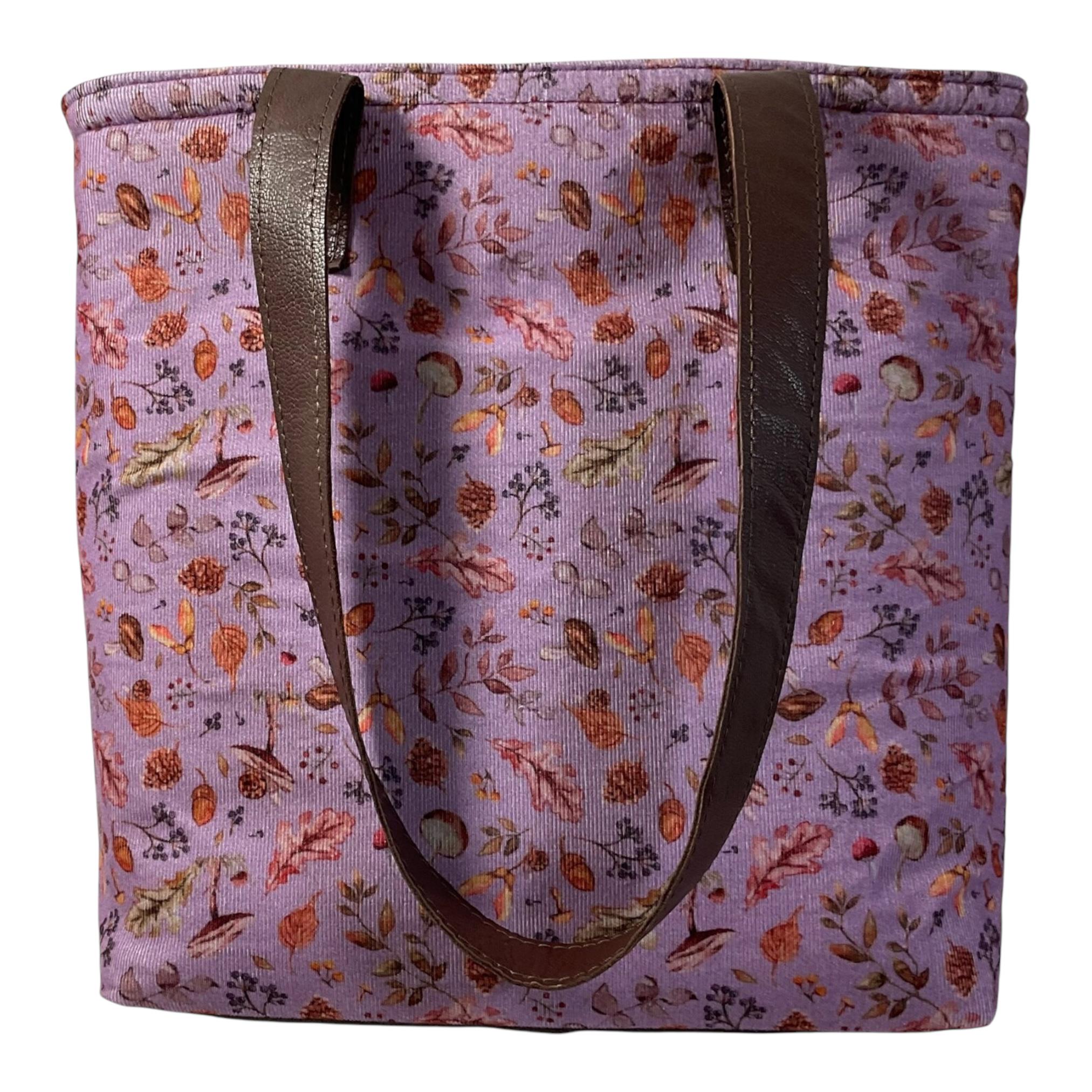 Woodland Floral Corduroy Tote Bag: Leather Accents, Structured Shoulder Bag